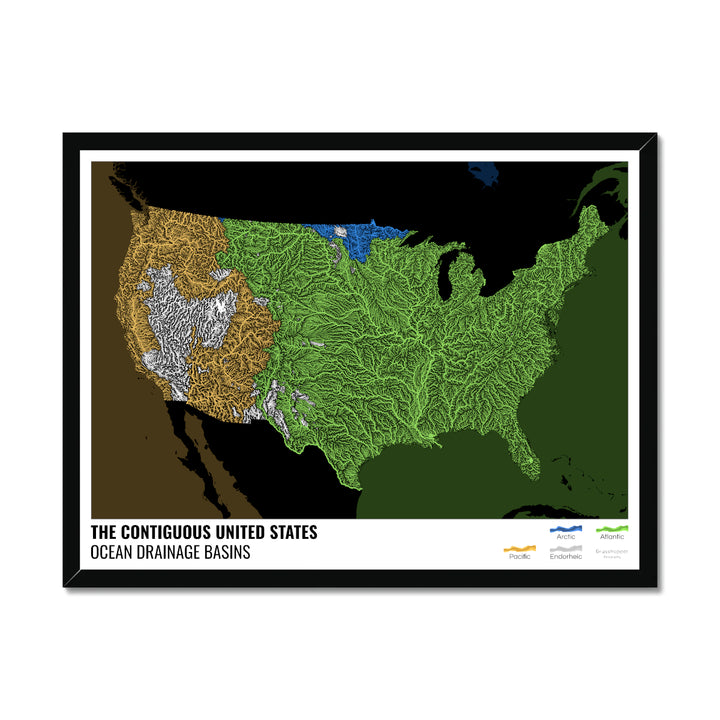États-Unis - Carte du bassin versant océanique, noire avec légende v2 - Impression encadrée