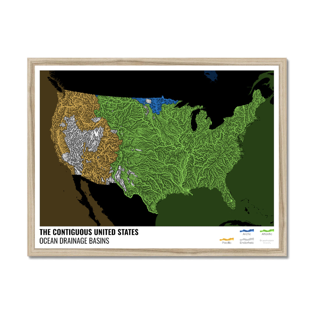 États-Unis - Carte du bassin versant océanique, noire avec légende v2 - Impression encadrée