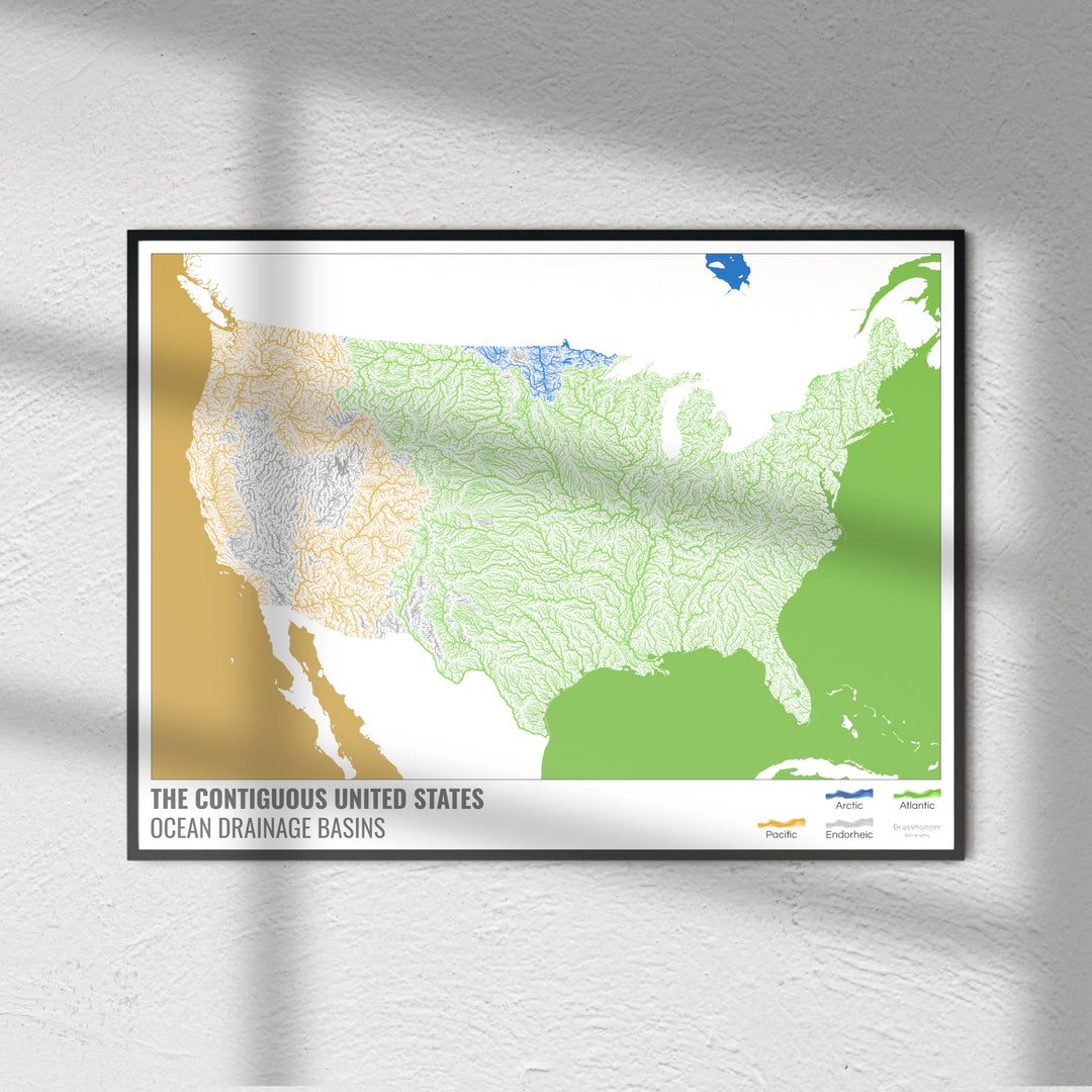 États-Unis - Carte des bassins hydrographiques océaniques, blanche avec légende v2 - Fine Art Print