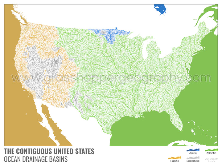 États-Unis - Carte des bassins hydrographiques océaniques, blanche avec légende v2 - Fine Art Print