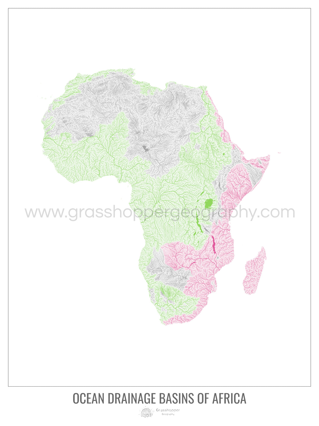 Afrika – Karte des Einzugsgebiets des Ozeans, weiß v1 – gerahmter Druck