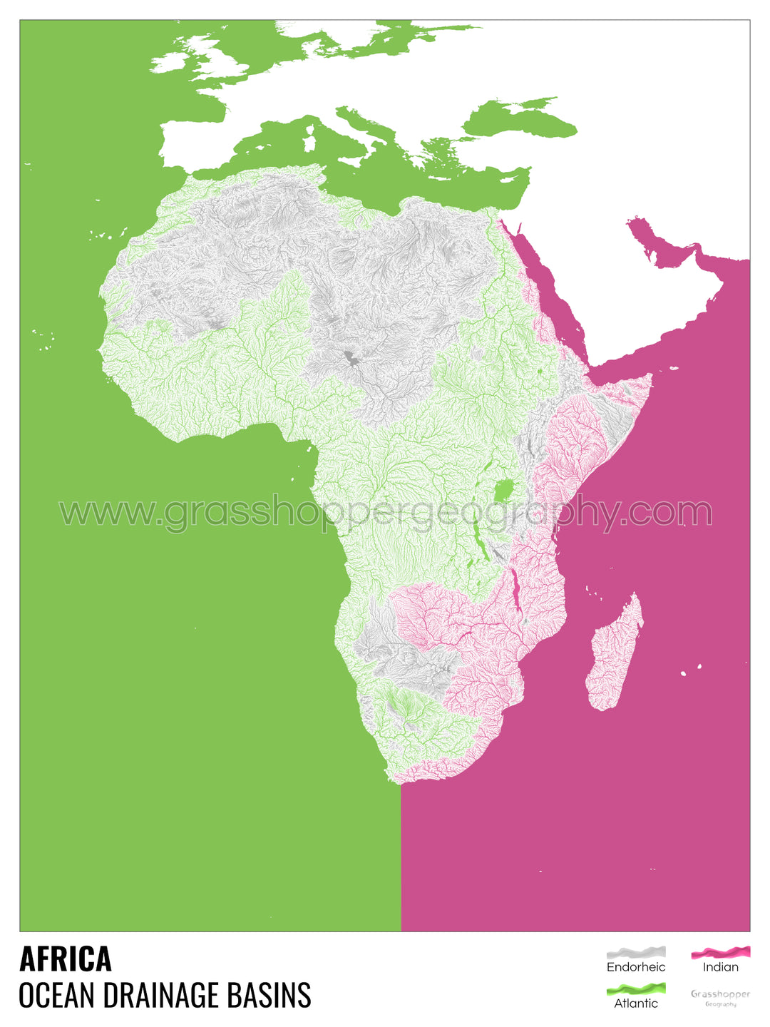 Afrika – Karte des Ozeaneinzugsgebiets, weiß mit Legende v2 – gerahmter Druck