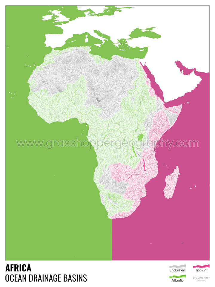 Afrique - Carte des bassins hydrographiques océaniques, blanche avec légende v2 - Impression encadrée