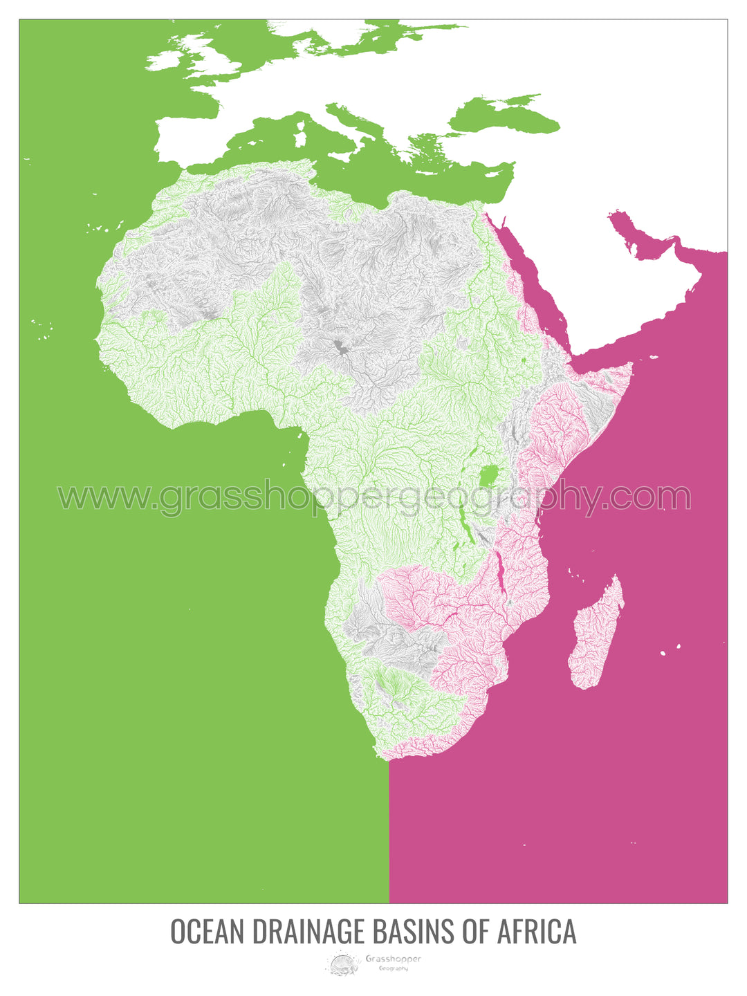 África - Mapa de la cuenca de drenaje oceánico, blanco v2 - Lámina enmarcada