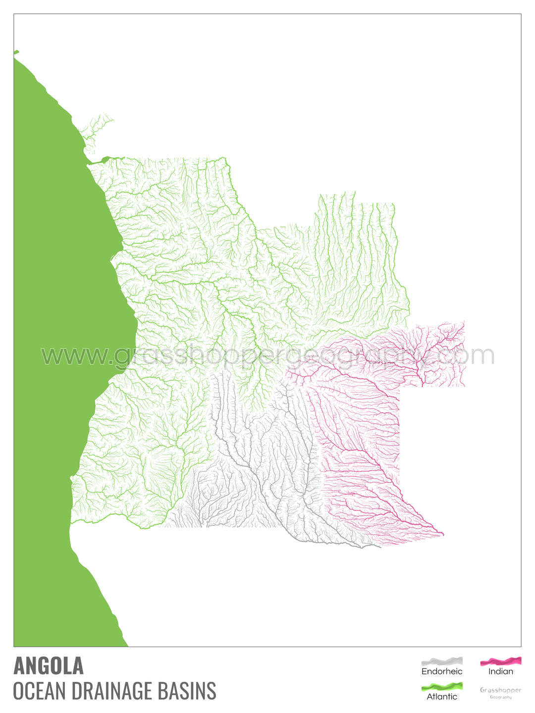 Angola - Mapa de la cuenca hidrográfica del océano, blanco con leyenda v2 - Impresión fotográfica