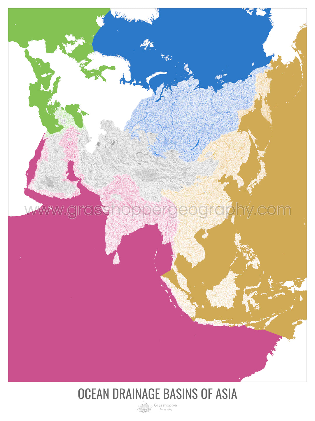 Asia - Mapa de la cuenca hidrográfica del océano, blanco v2 - Lámina enmarcada