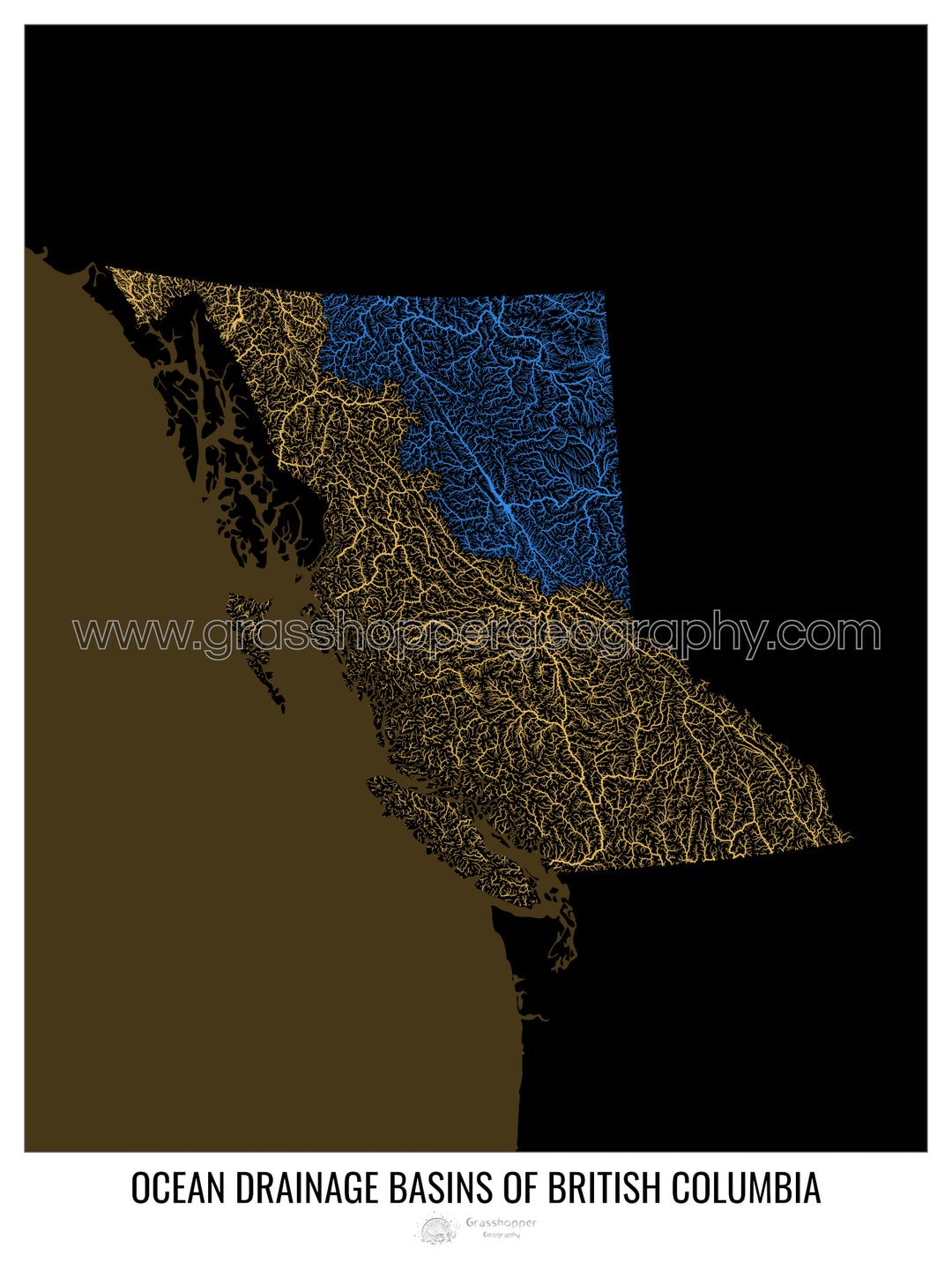Columbia Británica - Mapa de la cuenca de drenaje oceánico, negro v2 - Impresión artística con percha