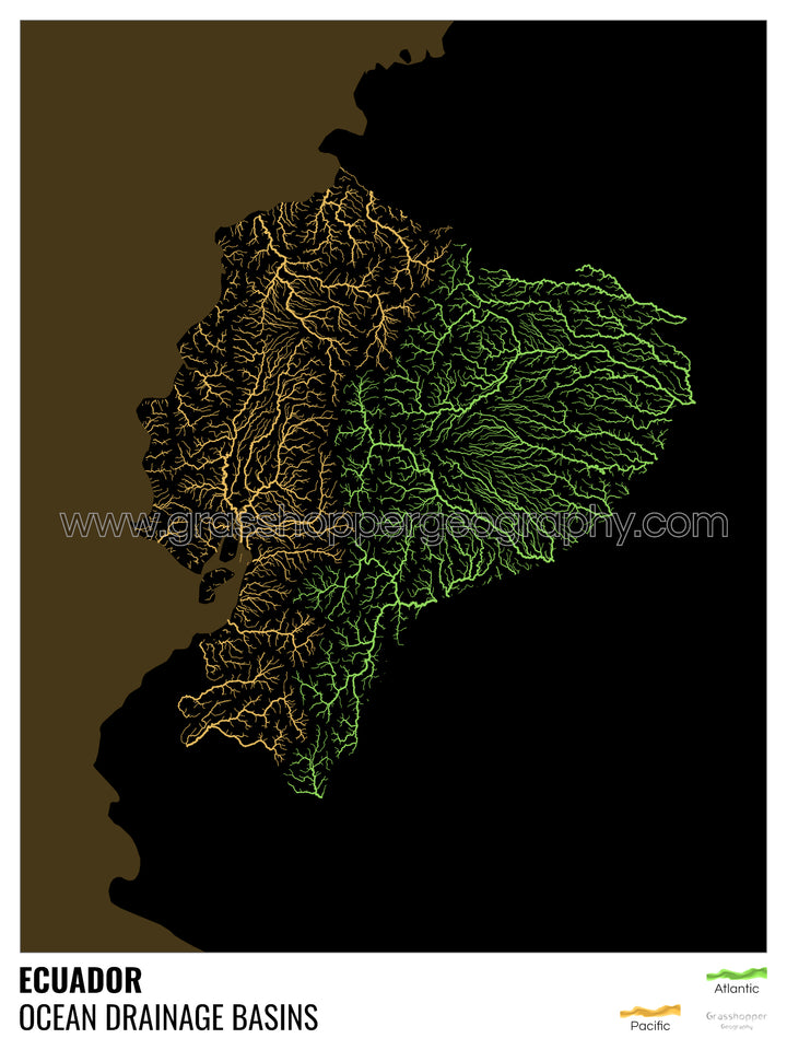 Équateur - Carte des bassins hydrographiques océaniques, noire avec légende v2 - Impression encadrée