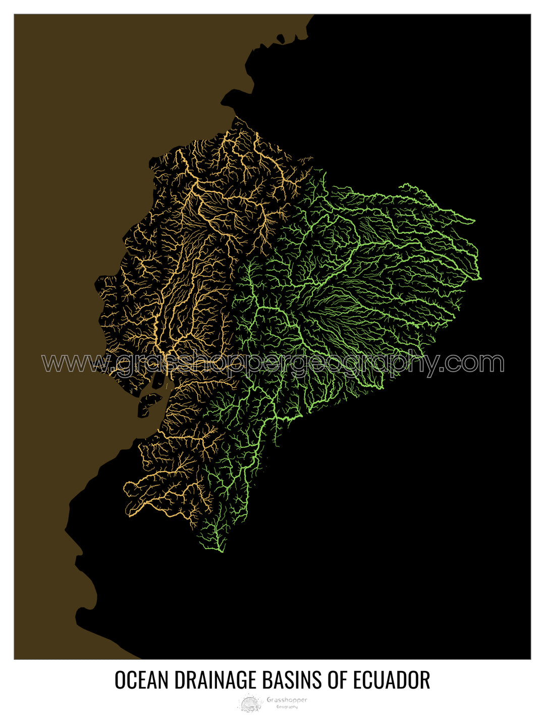 Ecuador - Mapa de la cuenca hidrográfica del océano, negro v2 - Impresión artística con colgador