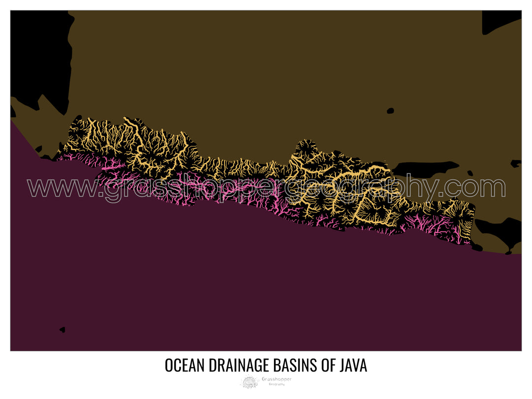 Java - Carte des bassins hydrographiques océaniques, noir v2 - Impression encadrée