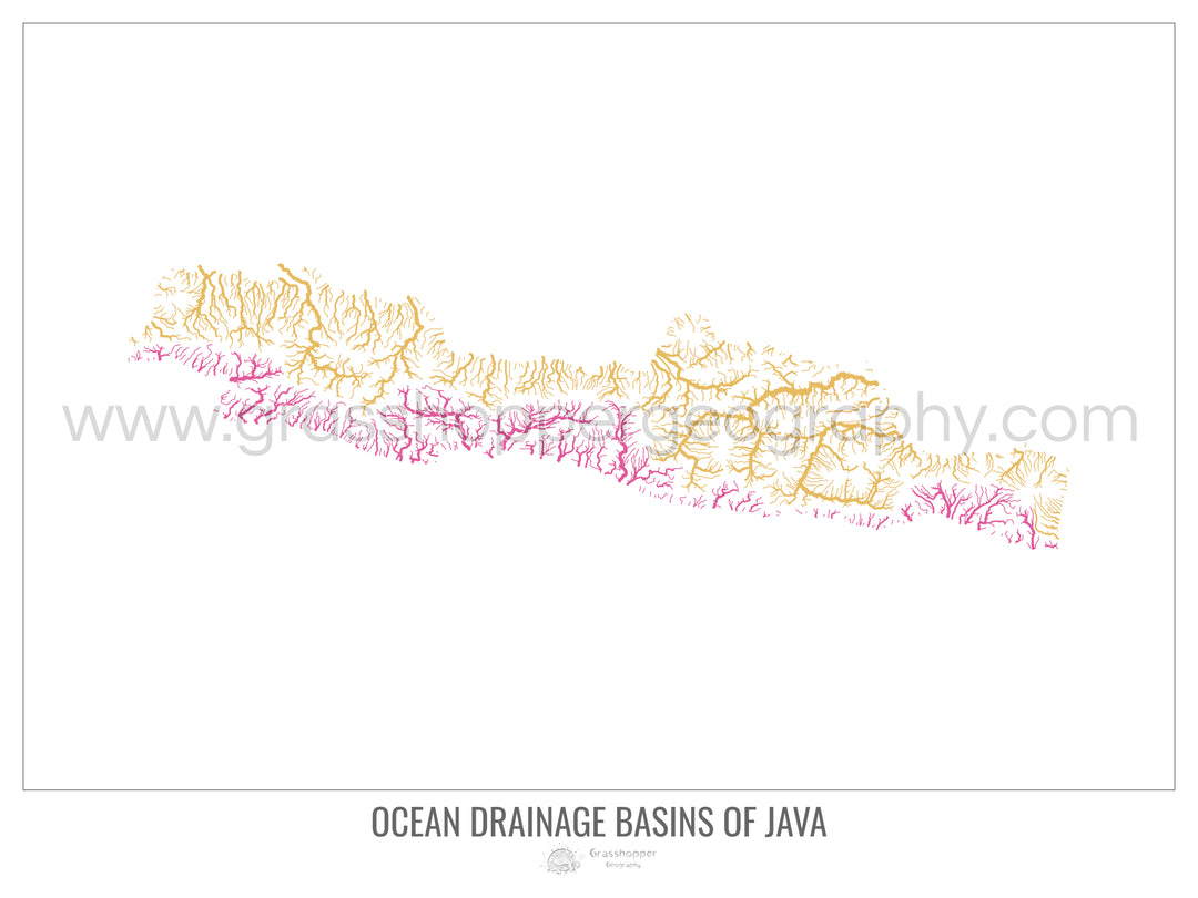 Java - Carte des bassins versants océaniques, blanc v1 - Tirage d'art avec cintre