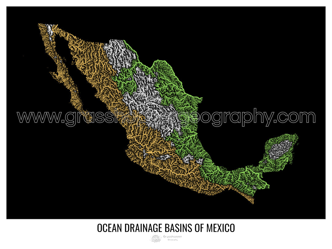 Mexiko – Karte des Einzugsgebiets des Ozeans, schwarz v1 – Kunstdruck mit Aufhänger