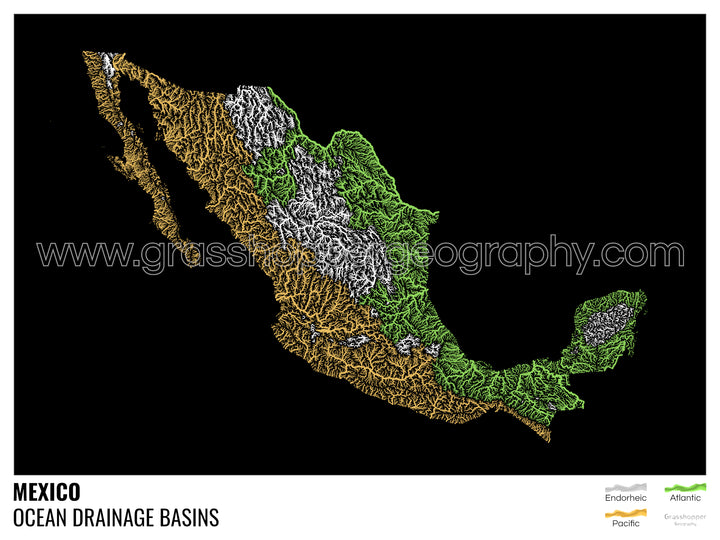 Mexique - Carte des bassins hydrographiques océaniques, noire avec légende v1 - Tirage d'art avec cintre