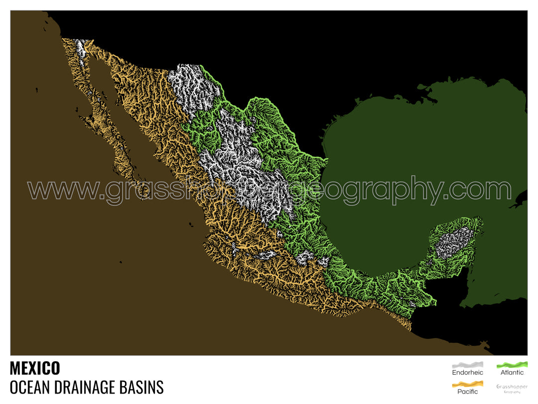 Mexico - Ocean drainage basin map, black with legend v2 - Fine Art Print with Hanger