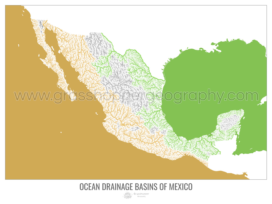 Mexico - Ocean drainage basin map, white v2 - Framed Print