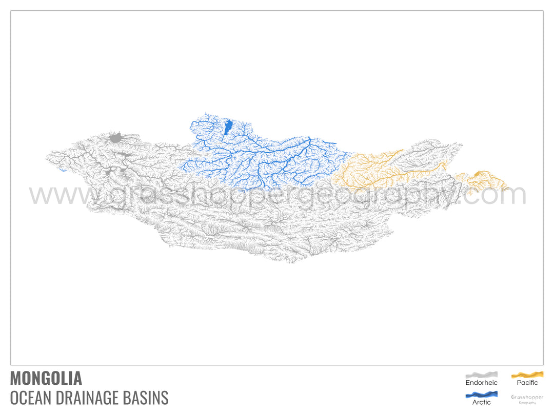 Mongolia - Ocean drainage basin map, white with legend v1 - Fine Art Print with Hanger