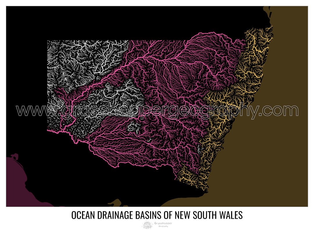 Nueva Gales del Sur - Mapa de la cuenca de drenaje oceánico, negro v2 - Lámina enmarcada