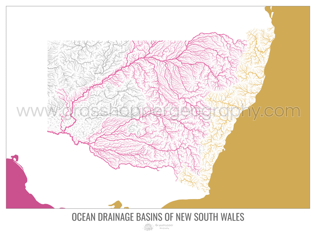 Nueva Gales del Sur - Mapa de la cuenca de drenaje oceánico, blanco v2 - Lámina enmarcada