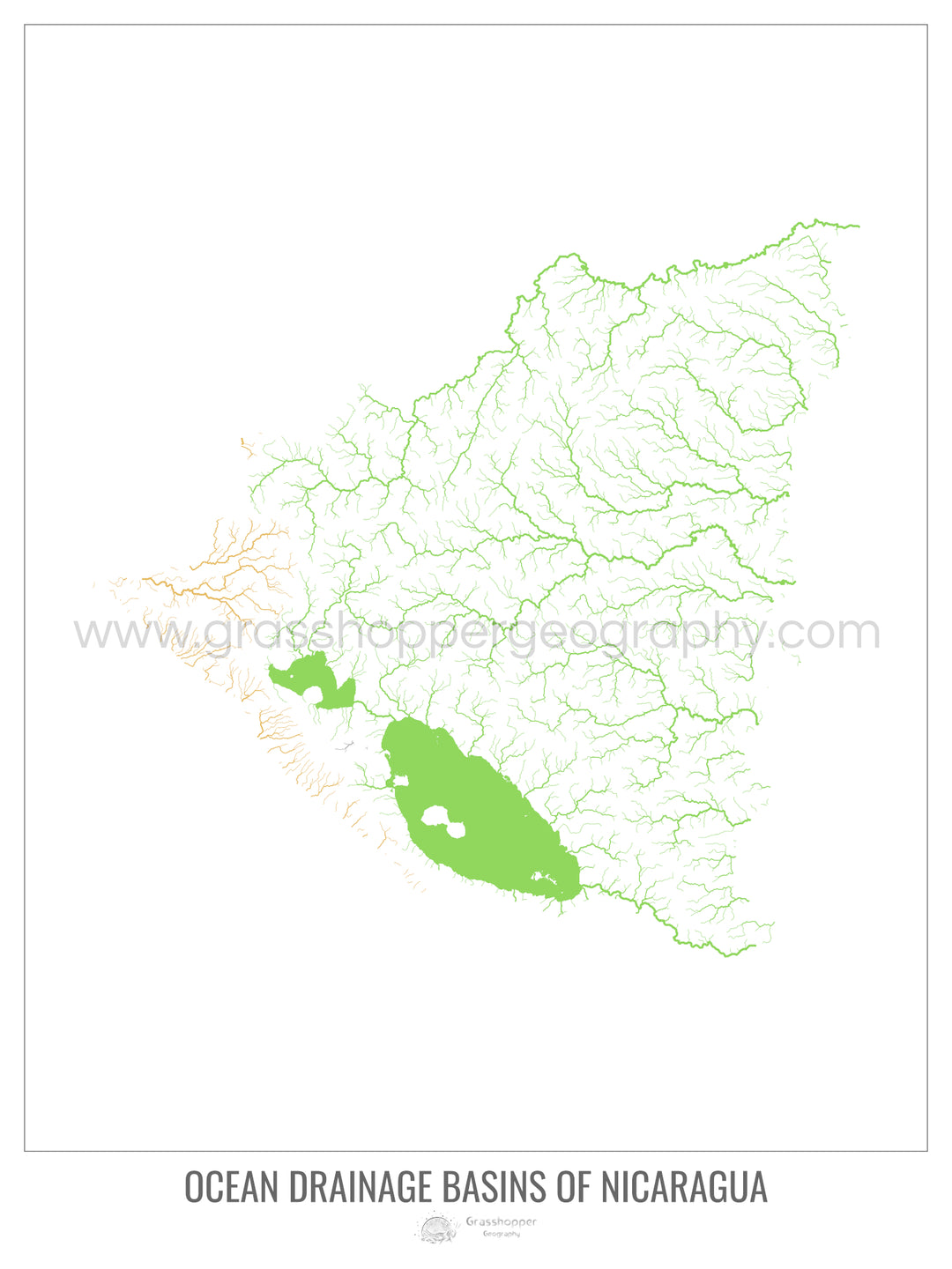 Nicaragua - Carte du bassin versant océanique, blanc v1 - Impression encadrée