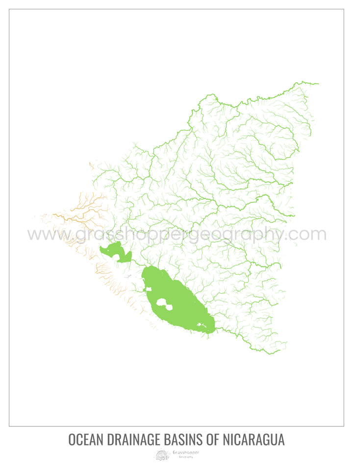 Nicaragua - Carte du bassin versant océanique, blanc v1 - Impression encadrée