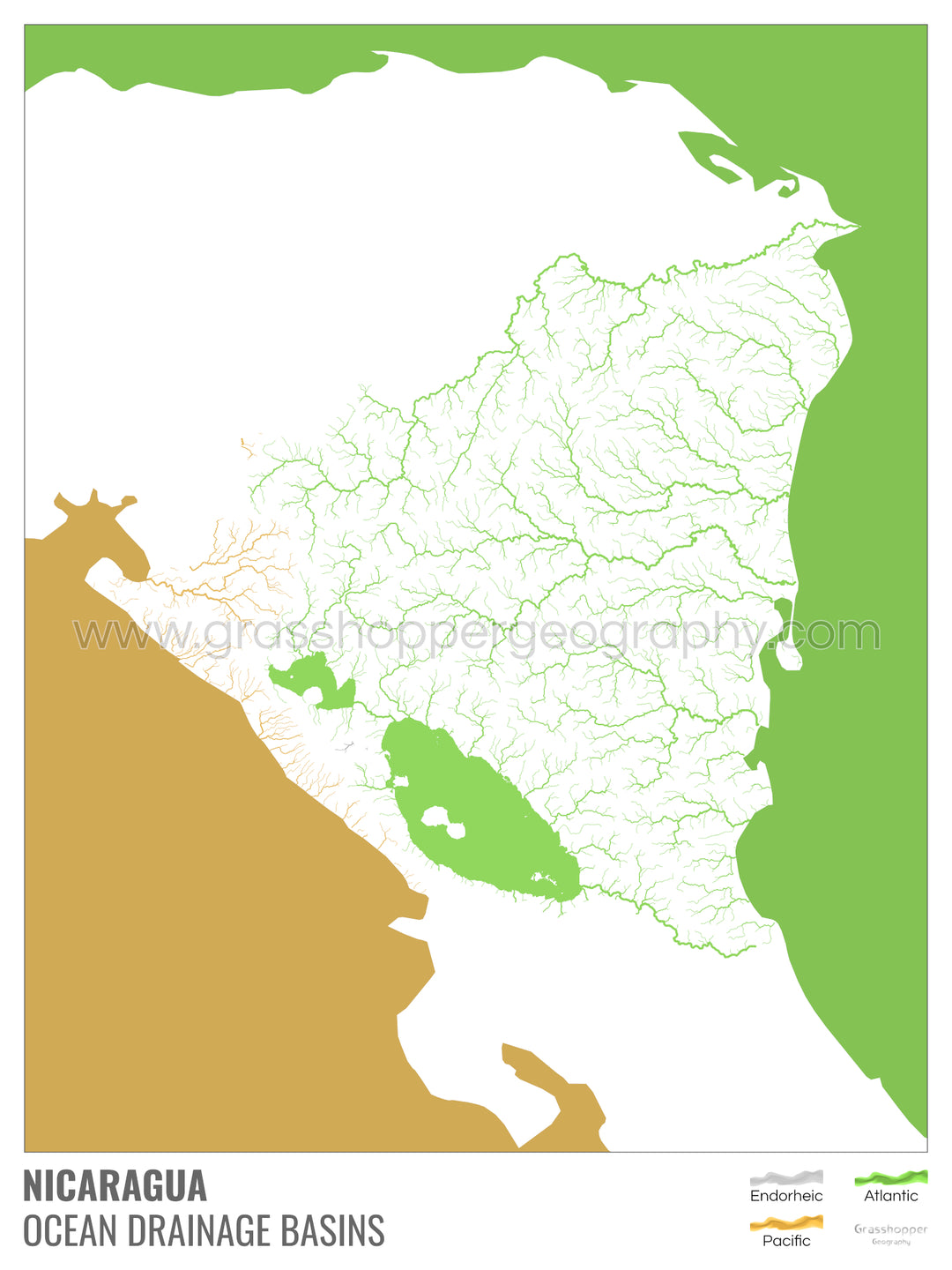 Nicaragua - Carte des bassins hydrographiques océaniques, blanche avec légende v2 - Tirage d'art avec cintre