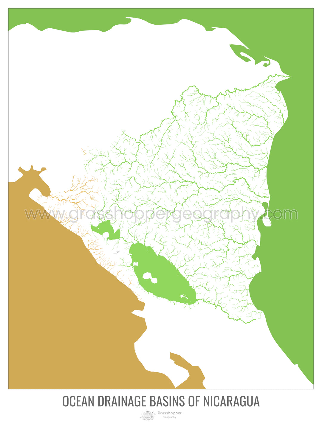 Nicaragua - Carte du bassin versant océanique, blanc v2 - Tirage d'art avec cintre