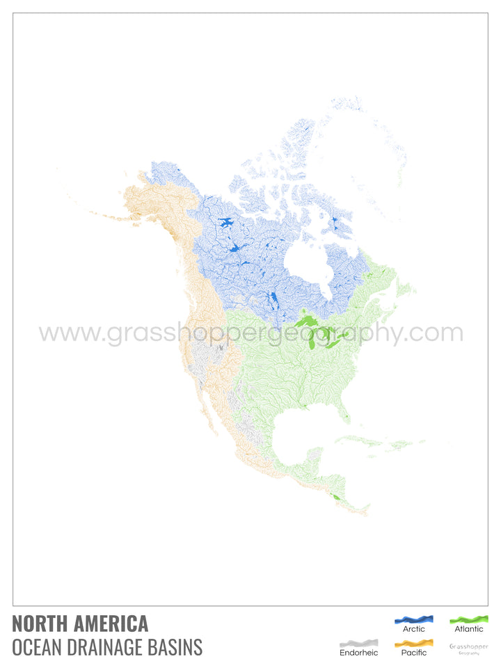 Amérique du Nord - Carte des bassins versants océaniques, blanche avec légende v1 - Impression encadrée