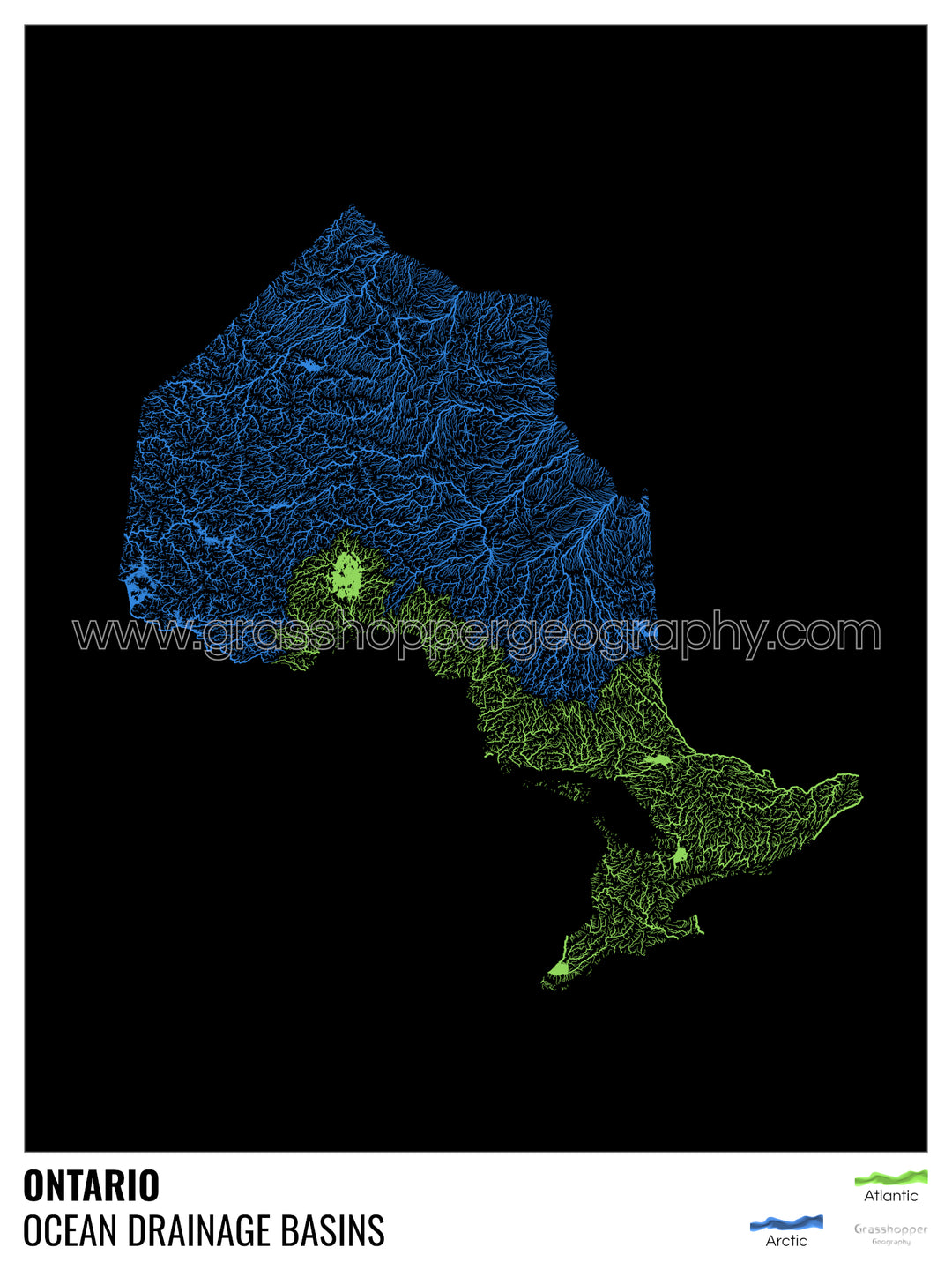 Ontario - Mapa de la cuenca de drenaje oceánico, negro con leyenda v1 - Lámina enmarcada