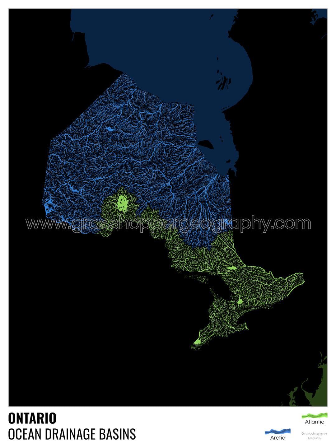 Ontario - Mapa de la cuenca de drenaje oceánico, negro con leyenda v2 - Lámina enmarcada