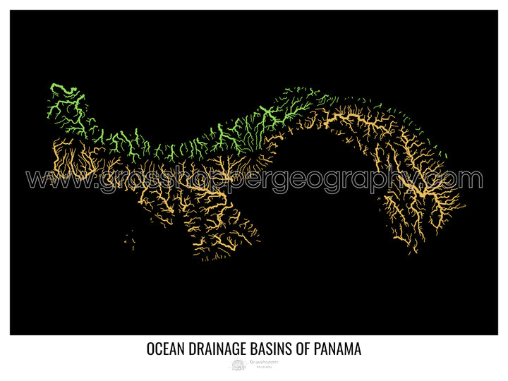 Panama - Carte du bassin versant océanique, noir v1 - Tirage d'art avec cintre