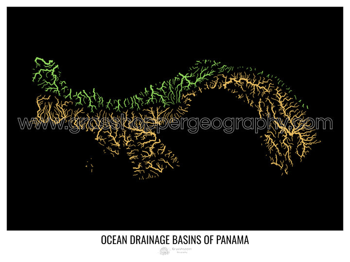 Panamá - Mapa de la cuenca hidrográfica del océano, negro v1 - Lámina enmarcada