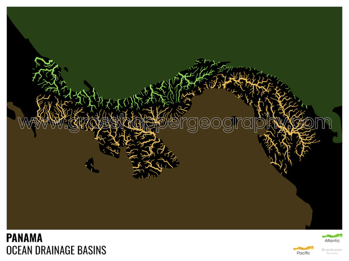 Panamá - Mapa de la cuenca hidrográfica del océano, negro con leyenda v2 - Lámina enmarcada