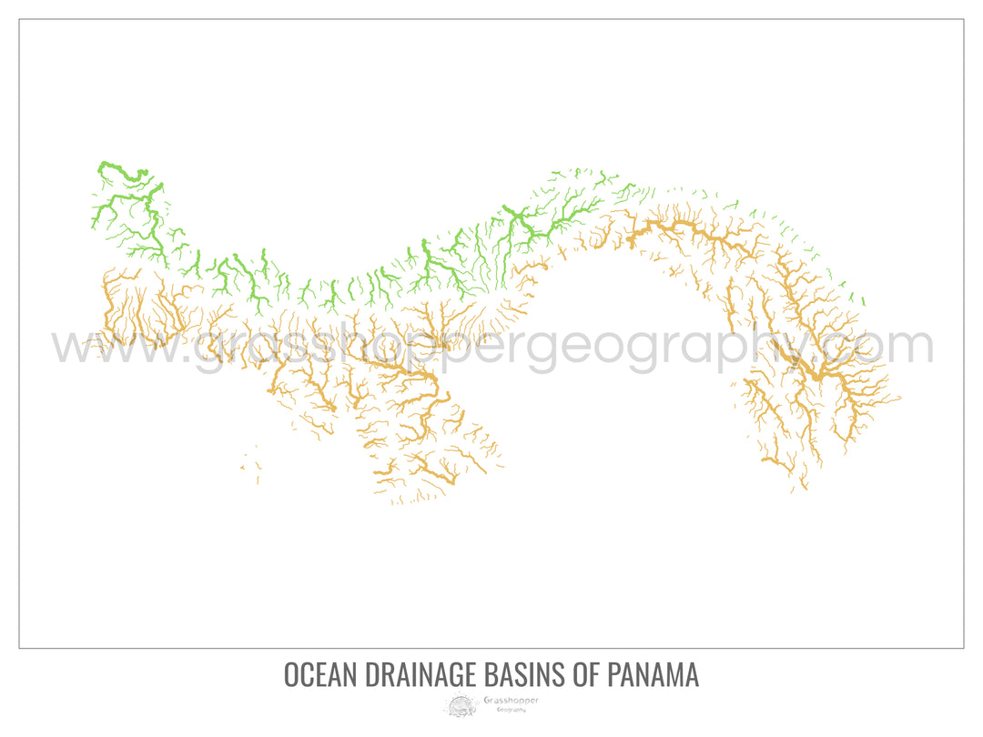 Panama - Carte du bassin versant océanique, blanc v1 - Impression encadrée