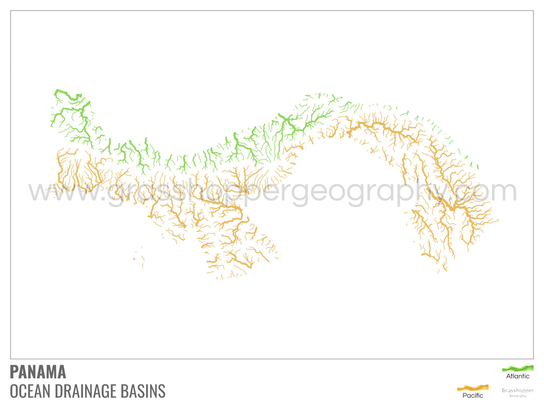 Panama - Carte du bassin versant océanique, blanche avec légende v1 - Tirage d'art avec cintre