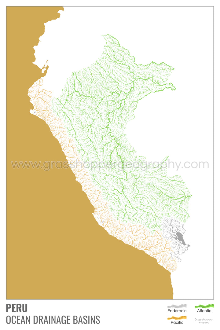 Pérou - Carte des bassins versants océaniques, blanche avec légende v2 - Tirage d'art avec cintre