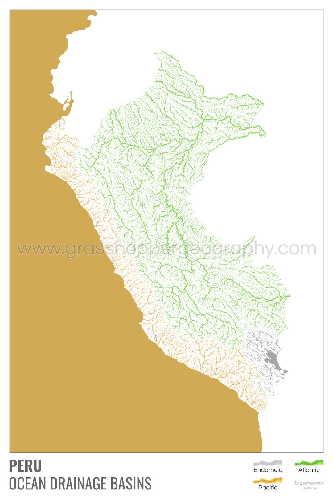 Perú - Mapa de la cuenca hidrográfica del océano, blanco con leyenda v2 - Lámina enmarcada