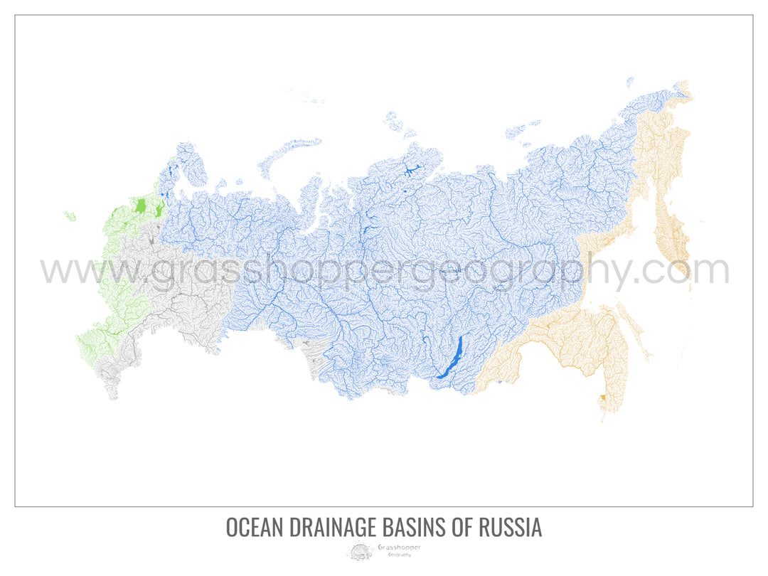 Russie - Carte des bassins hydrographiques océaniques, blanc v1 - Tirage d'art avec cintre