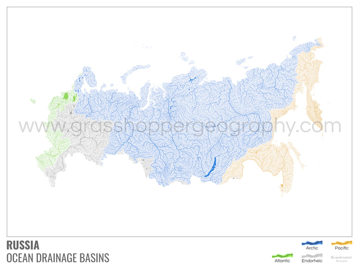 Russia - Ocean drainage basin map, white with legend v1 - Framed Print