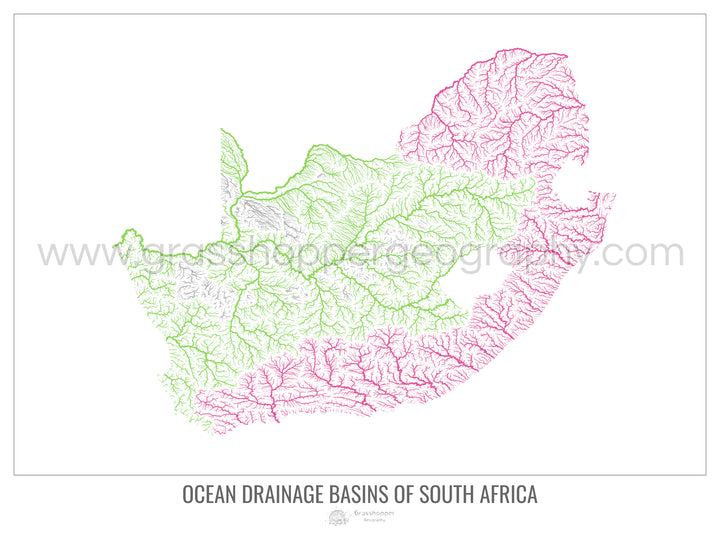 Afrique du Sud - Carte du bassin versant océanique, blanc v1 - Impression encadrée