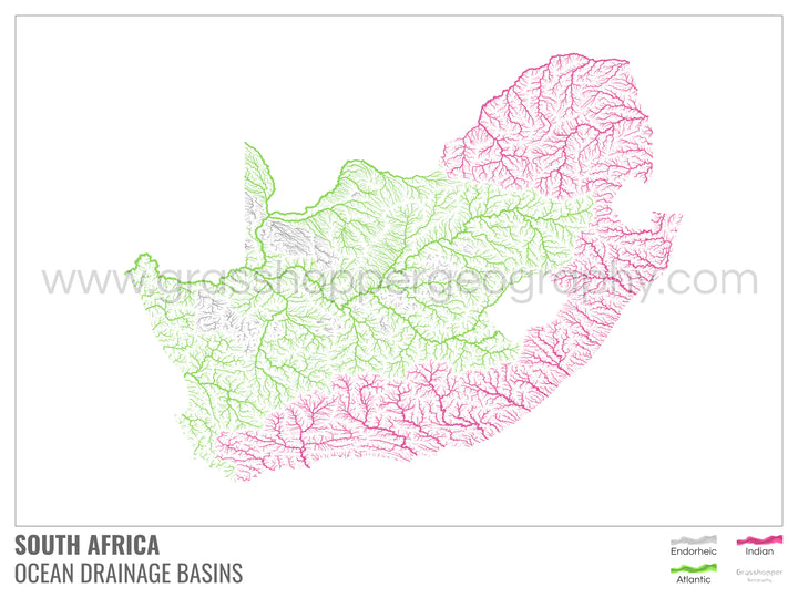 Afrique du Sud - Carte du bassin versant océanique, blanche avec légende v1 - Impression encadrée