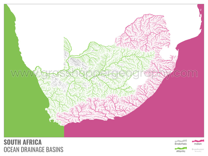 Afrique du Sud - Carte du bassin versant océanique, blanche avec légende v2 - Impression encadrée