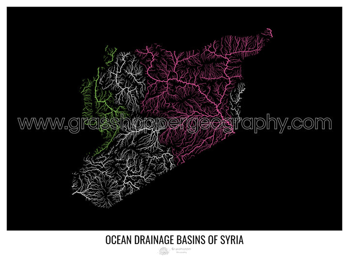 Syrie - Carte du bassin versant océanique, noir v1 - Tirage d'art avec cintre