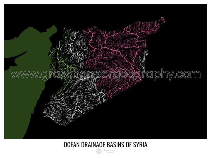 Syrie - Carte du bassin versant océanique, noir v2 - Tirage d'art avec cintre