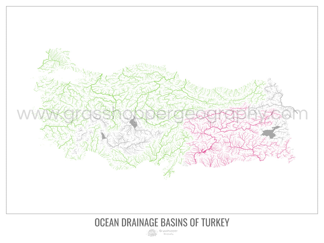 Turquía - Mapa de la cuenca hidrográfica del océano, blanco v1 - Lámina enmarcada