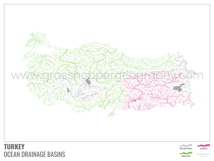 Turquía - Mapa de la cuenca hidrográfica del océano, blanco con leyenda v1 - Impresión artística con colgador