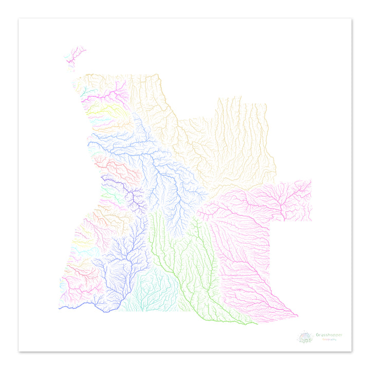 Angola - Carte du bassin fluvial, pastel sur blanc - Fine Art Print