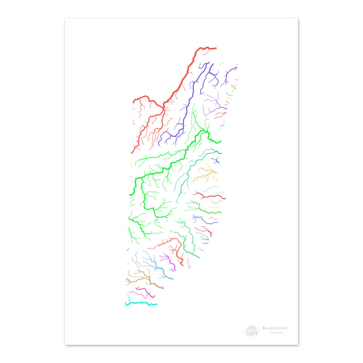 Belize - Carte du bassin fluvial, arc-en-ciel sur blanc - Fine Art Print
