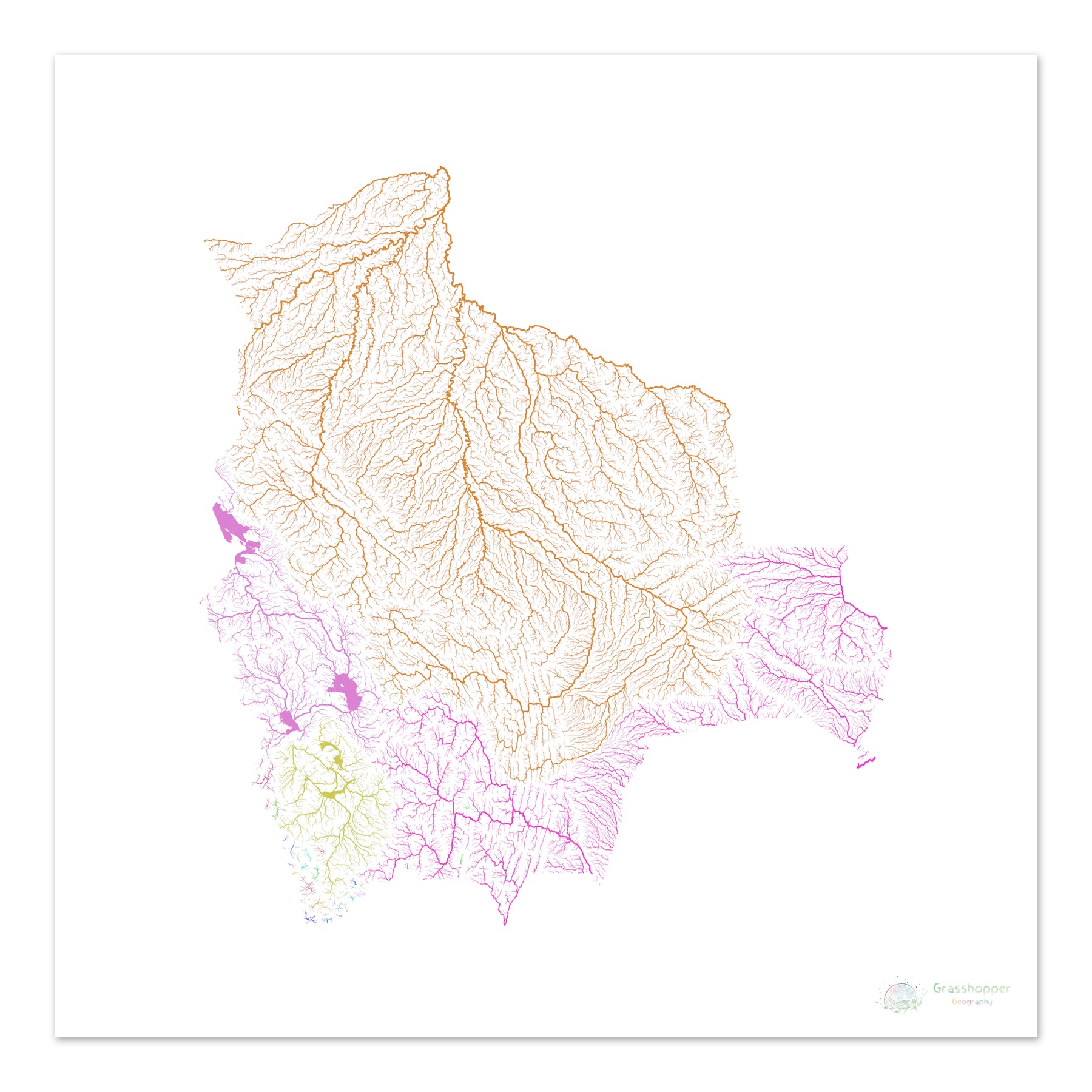Bolivia - River basin map, rainbow on white - Fine Art Print – Grasshopper  Geography