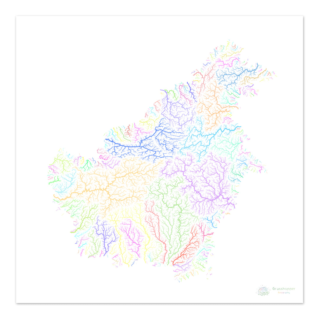 Bornéo - Carte du bassin fluvial, pastel sur blanc - Fine Art Print