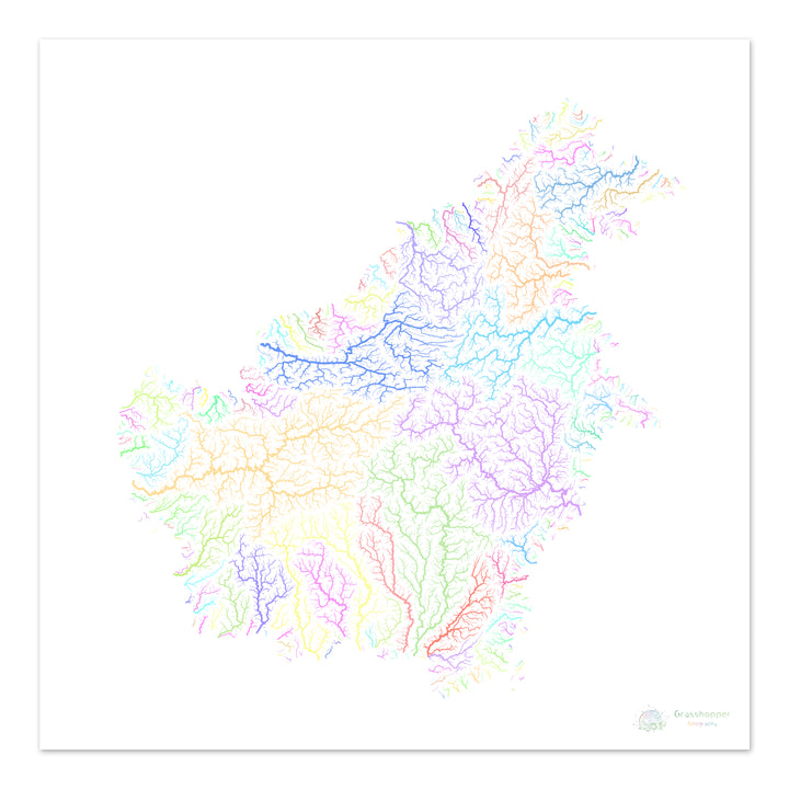 Bornéo - Carte du bassin fluvial, pastel sur blanc - Fine Art Print